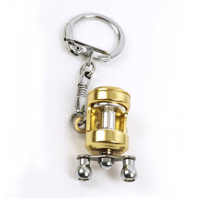 Fancy&Fantasy  Fish Wheel keychain Gold Color Fly Fisherman Spinning Fishing Reel Charactor Miniature Key chain With Key Ring