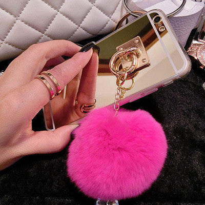 Luxury Metal Rope Mirror Rabbit Fur Ball Case Cover For IPhone 6 6S Plus Iphone 7 7 Plus For Iphone 5 5S SE 4S 4 Case Cover