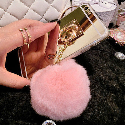 Luxury Metal Rope Mirror Rabbit Fur Ball Case Cover For IPhone 6 6S Plus Iphone 7 7 Plus For Iphone 5 5S SE 4S 4 Case Cover