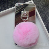 Luxury Metal Rope Mirror Rabbit Fur Ball Case Cover For IPhone 6 6S Plus Iphone 7 7 Plus For Iphone 5 5S SE 4S 4 Case Cover