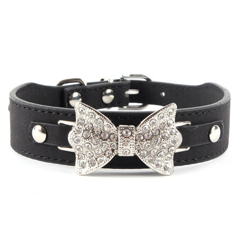 Dog Collar Bling Crystal Bow Leather Pet Collar Puppy Choker Cat Necklace XS S M