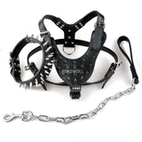 Spiked Studded Leather Dog Pet Pitbull Harness Chest 26"-34"  Collar & Leash Set For Medium Large Dogs