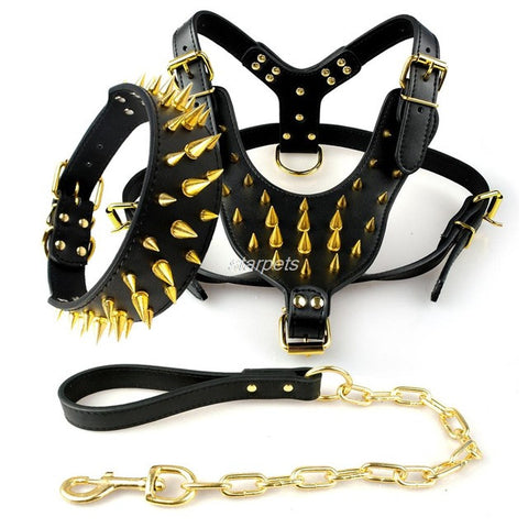 Spiked Studded Leather Dog Pet Pitbull Harness Chest 26"-34"  Collar & Leash Set For Medium Large Dogs