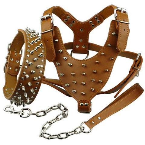 Spiked Studded Leather Dog Pet Pitbull Harness Chest 26"-34"  Collar & Leash Set For Medium Large Dogs