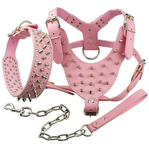 Spiked Studded Leather Dog Pet Pitbull Harness Chest 26"-34"  Collar & Leash Set For Medium Large Dogs