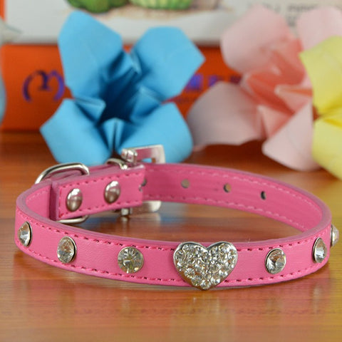 Bling Rhinestone Crystal Leather Pet Dog Cat Collars Adjustable Collar with Pendant