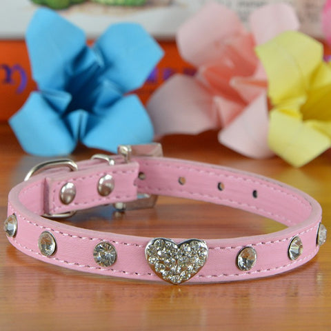 Bling Rhinestone Crystal Leather Pet Dog Cat Collars Adjustable Collar with Pendant