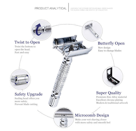 Barber Safety Blade Razor Shaver Double Edge Butterfly Twist Open T-Shaped Unisex +1 Blade 1 Travel Case with Mirror BD179