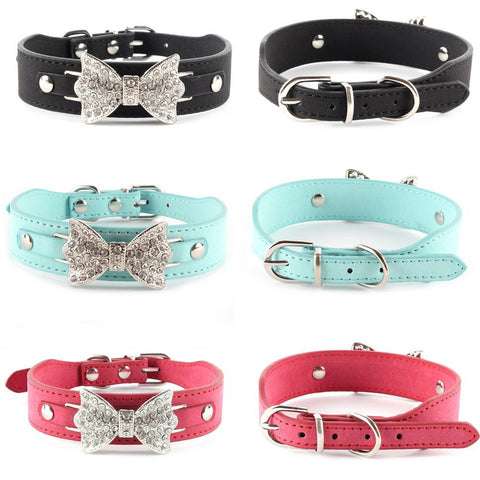 Dog Collar Bling Crystal Bow Leather Pet Collar Puppy Choker Cat Necklace XS S M