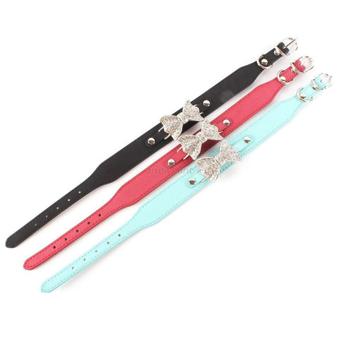 Dog Collar Bling Crystal Bow Leather Pet Collar Puppy Choker Cat Necklace XS S M