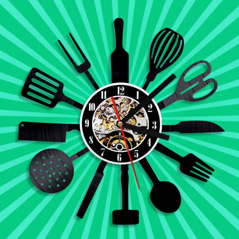 Cutlery Kitchen Utensil Vinyl Record wall Clock Quartz Clock