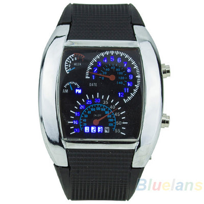 RPM Turbo Blue Flash LED Mens Sports Car Meter Dial Watch