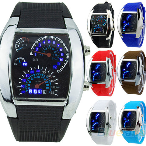 RPM Turbo Blue Flash LED Mens Sports Car Meter Dial Watch