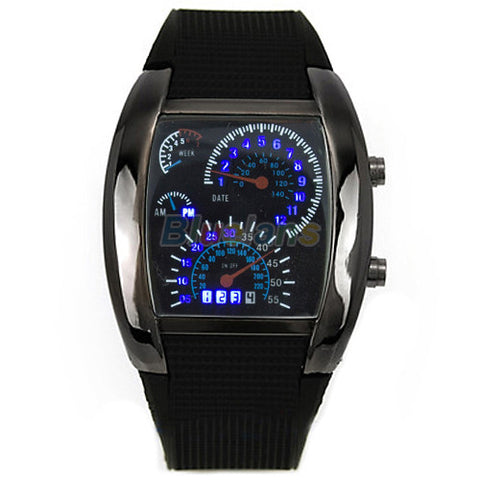 RPM Turbo Blue Flash LED Mens Sports Car Meter Dial Watch