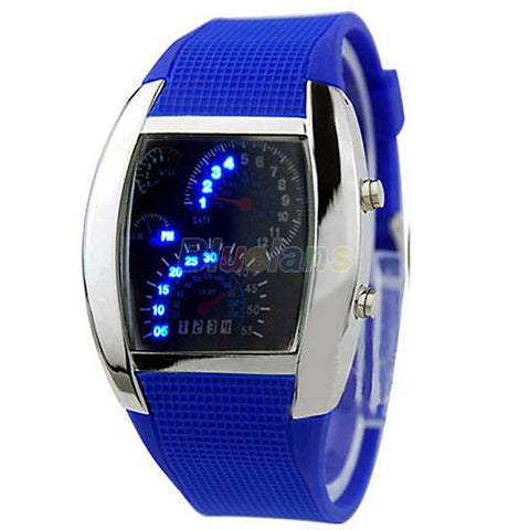 RPM Turbo Blue Flash LED Mens Sports Car Meter Dial Watch