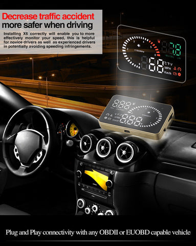 X6 3 Inch Car OBD2 II HUD Head Up Display Overspeed Warning System Projector Windshield