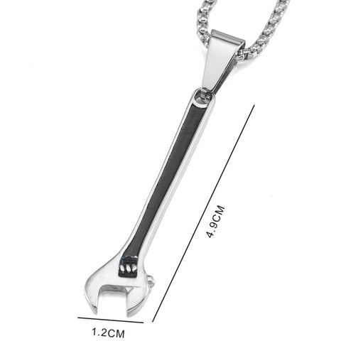 Stainless Steel Black Enamel Mechanic Wrench Tool Pendant Necklace 60cm Long