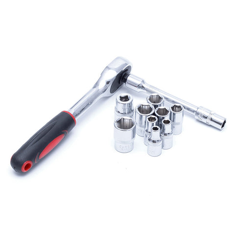 1/4" Ratchet Wrench Kit Chrome Steel Socket Wrench+Extension Rod +10 Sockets