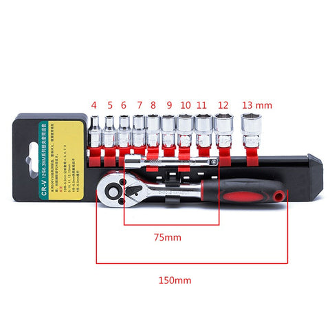 1/4" Ratchet Wrench Kit Chrome Steel Socket Wrench+Extension Rod +10 Sockets