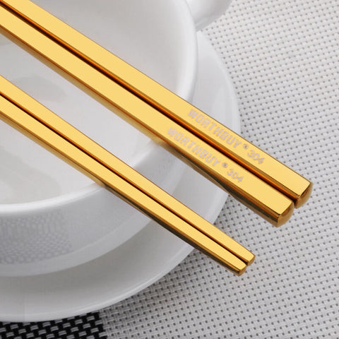 1 Pair Titanium Plating Gold Chinese Chopsticks Reusable 304 Stainless Steel