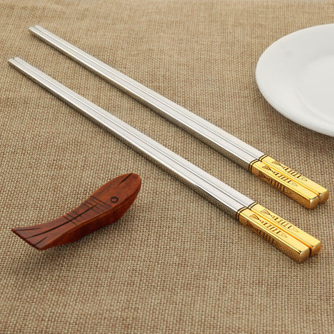 1 Pair Titanium Plating Gold Chinese Chopsticks Reusable 304 Stainless Steel