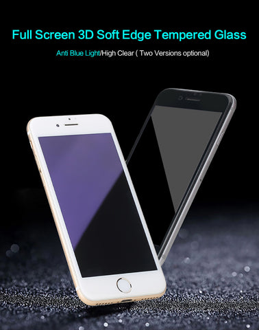 3D Full Screen Protector Tempered Glass For iPhone 7 6 6s plus, 3D Anti Blue Light Soft Edge Glass Film for iPhone 6 plus