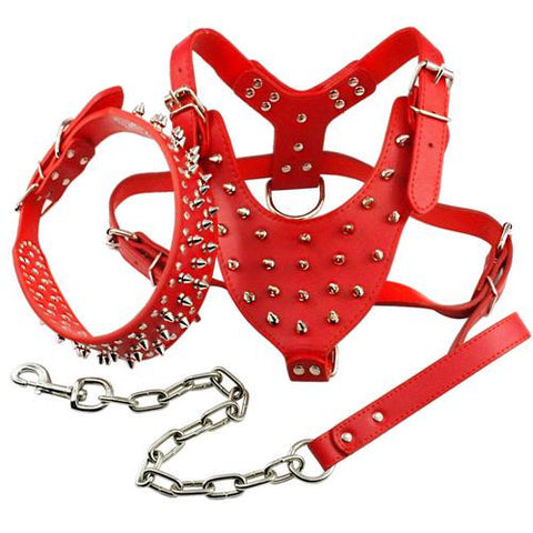 Spiked Studded Leather Dog Pet Pitbull Harness Chest 26"-34"  Collar & Leash Set For Medium Large Dogs