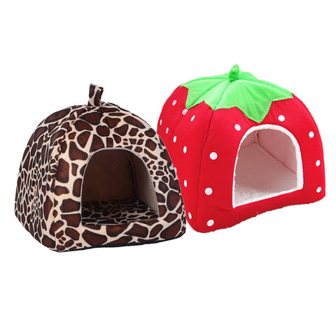 Pet Cat House Foldable Soft Winter Leopard Dog Bed Strawberry