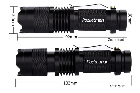 Mini Black CREE 2000LM Waterproof LED Flashlight 3 Modes Zoomable